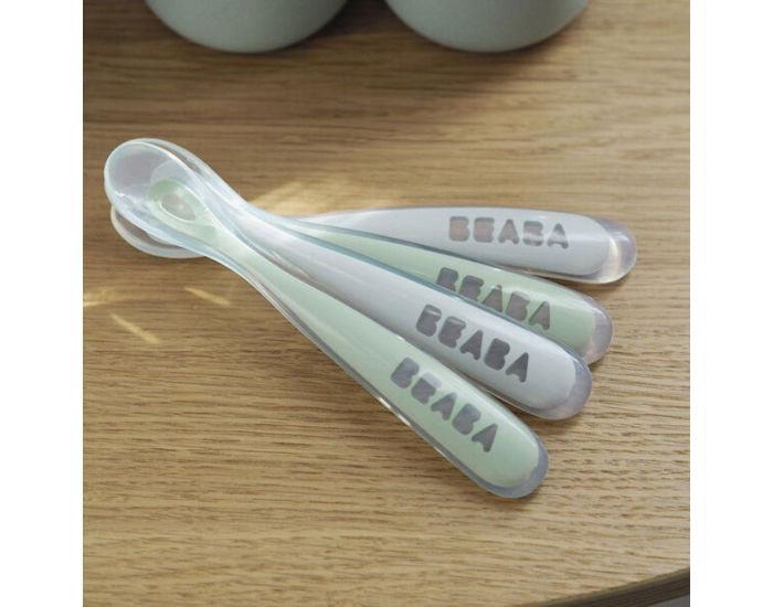 B�ABA Lot de 4 Cuill�res Silicone - 1er �ge - Velvet Grey / Sage Green (1)