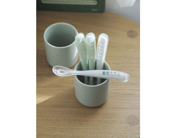 B�ABA Lot de 4 Cuill�res Silicone - 1er �ge - Velvet Grey / Sage Green (2)