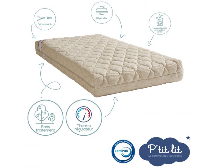 P'TIT LIT Matelas B�b� Authentique - Lin d'Origine V�g�tale - R�versible et D�houssable - 12 cm (2)