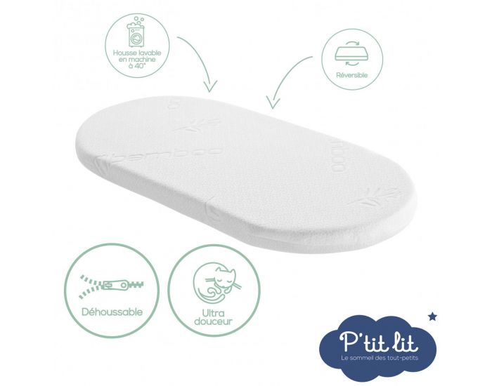 P'TIT LIT Matelas de Couffin Bamboo - R�versible - 72x32 cm - 4 cm (1)