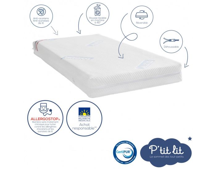 P'TIT LIT Matelas B�b� Allergostop� - R�versible et D�houssable - 12 cm (2)