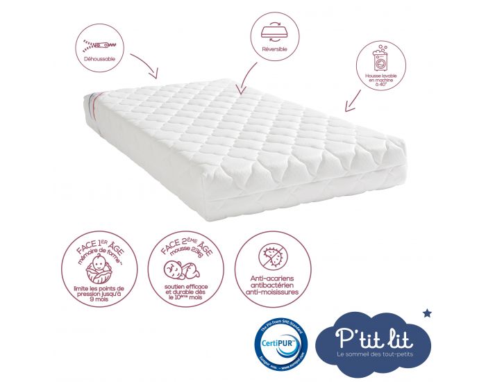 P'TIT LIT Matelas B�b� Croissance �volutif - R�versible et D�houssable - 12 cm (2)