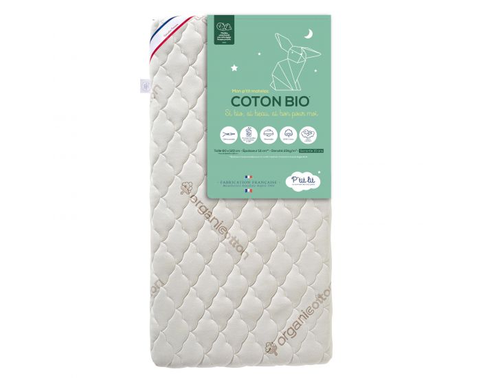 P'TIT LIT Matelas Bb Coton Bio - Rversible et Dhoussable - 10 cm (1)