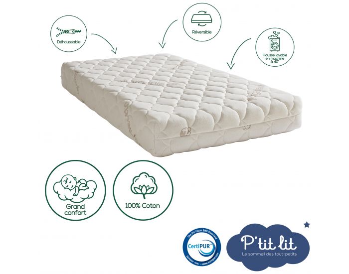 P'TIT LIT Matelas Bb Coton Bio - Rversible et Dhoussable - 10 cm (2)