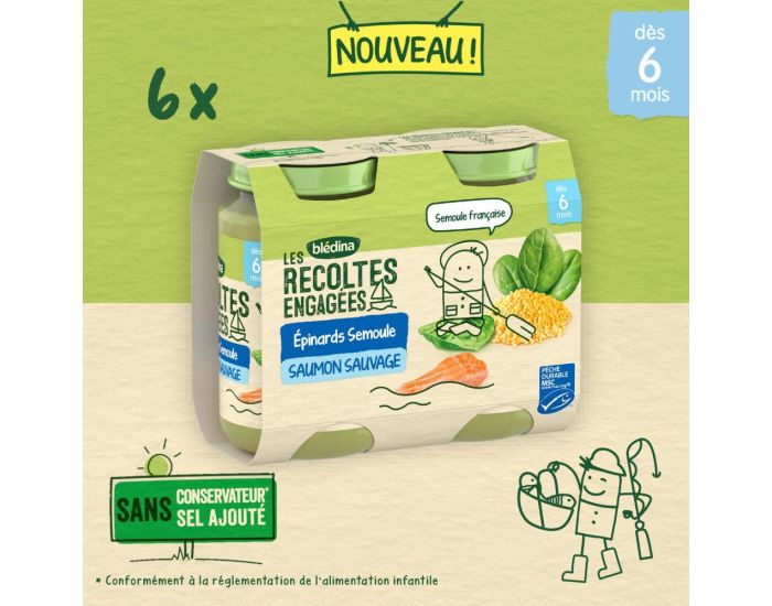 BLEDINA Les Recoltes Engages - 6x2 Petits Pots - Epinards, Semoule et Saumon Sauvage - Ds 6 Mois (1)