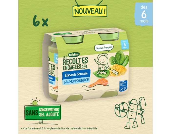 BLEDINA Les Recoltes Engag�es - 6x2 Petits Pots - Epinards, Semoule et Saumon Sauvage - D�s 6 Mois (1)
