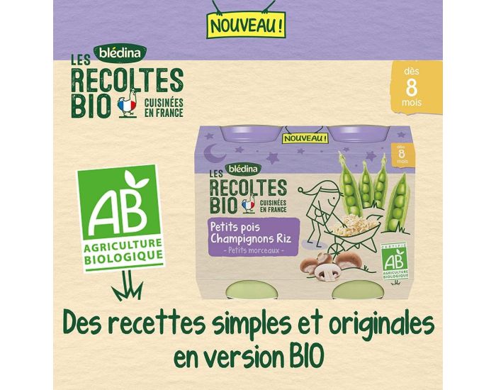 BLEDINA Les Rcoltes Bio - 6x(2x200g) - Petits Pois, Champignons, Riz - Ds 8 Mois (1)