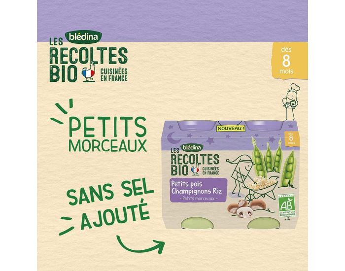 BLEDINA Les Rcoltes Bio - 6x(2x200g) - Petits Pois, Champignons, Riz - Ds 8 Mois (2)