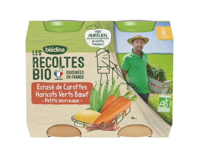 BLEDINA Les R�coltes Bio - 6x(2x200g) - Ecras� de Carottes, Haricots Verts et Boeuf - D�s 8 mois (1)