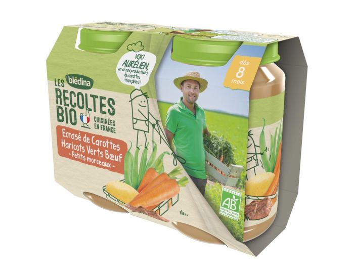 BLEDINA Les R�coltes Bio - 6x(2x200g) - Ecras� de Carottes, Haricots Verts et Boeuf - D�s 8 mois (2)