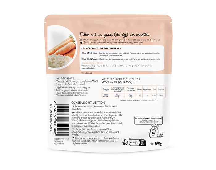 POPOTE Les Petits Morceaux Carottes et Riz Complet - 190 g - Ds 8/10 mois  (1)