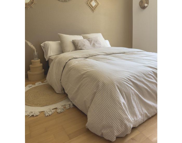 KADOLIS Drap Housse Adulte en Percale de Coton Bio - Ray� - Lin (4)