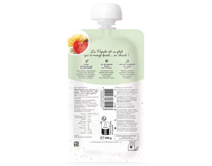 POPOTE Le Petit Plat Macaroni Tomate Feta - 180g - Ds 6 mois (1)
