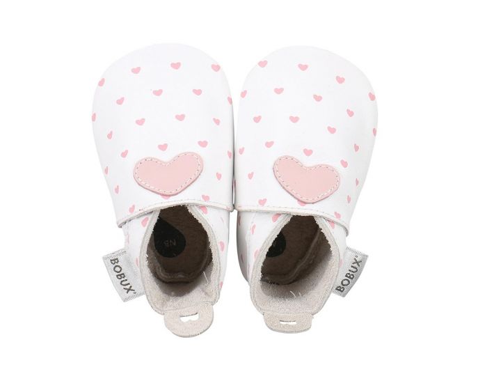 BOBUX Chaussons Bb Soft Soles en cuir - Blanc coeurs roses (1)
