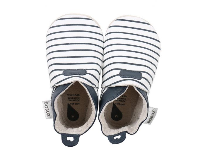 BOBUX Chaussons Bb Soft Soles en cuir - Blanc rayures Marine (1)