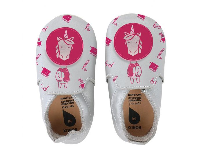 BOBUX Chaussons Bb Soft Soles en cuir - Mocassin argent avec licorne fuchsia imprime (1)