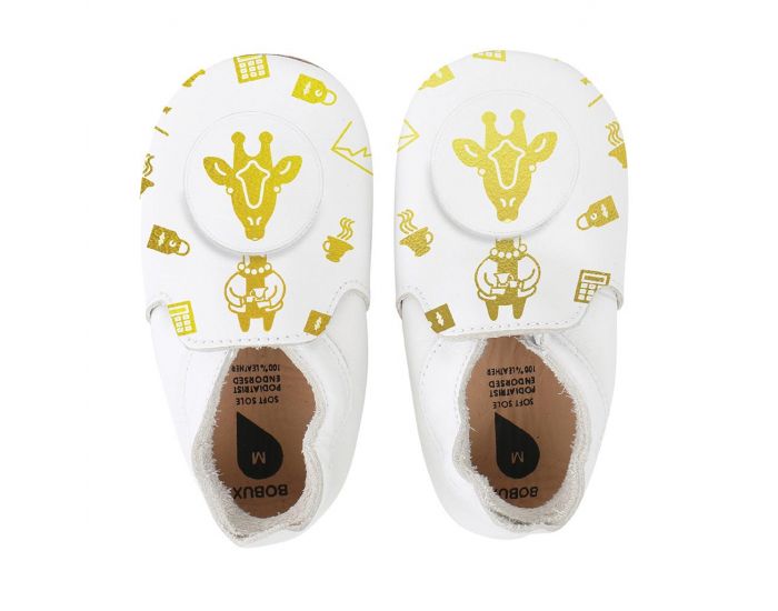 BOBUX Chaussons Bb Soft Soles en cuir - Mocassin blanc avec girafe dore imprime (1)