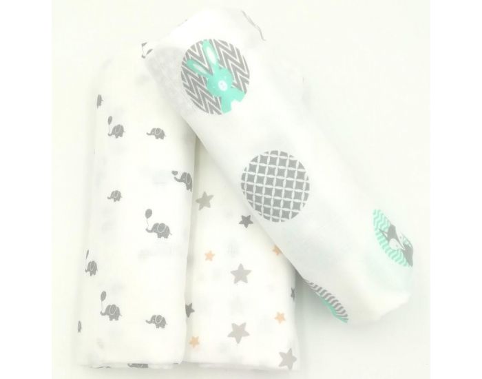 GLOOP! Set de 3 langes 100x100 �toiles, Animaux de la For�t & El�phants - Blanc (1)