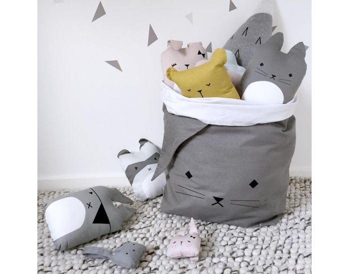 FABELAB Grand sac de rangement en coton bio Chat - Gris (6)