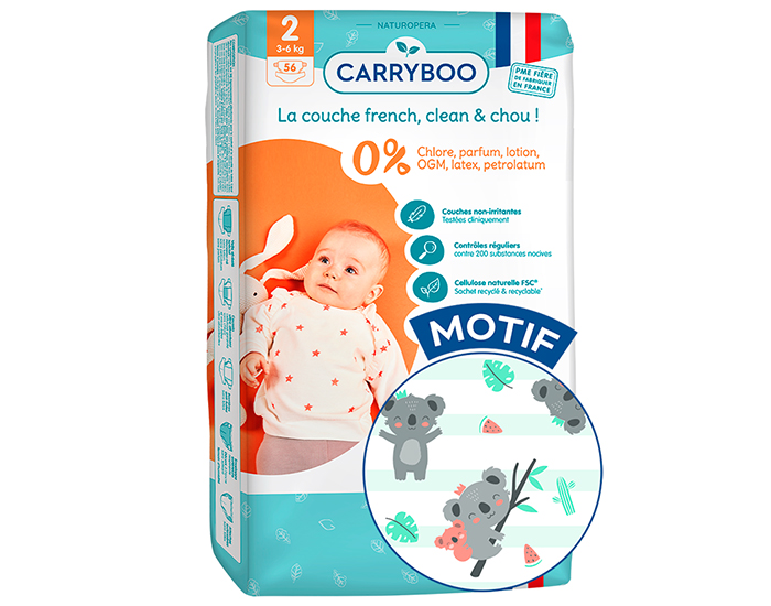 CARRYBOO Couches cologiques Non Irritantes - Pack Economique T2 / 3-6 kg / 56 couches (1)
