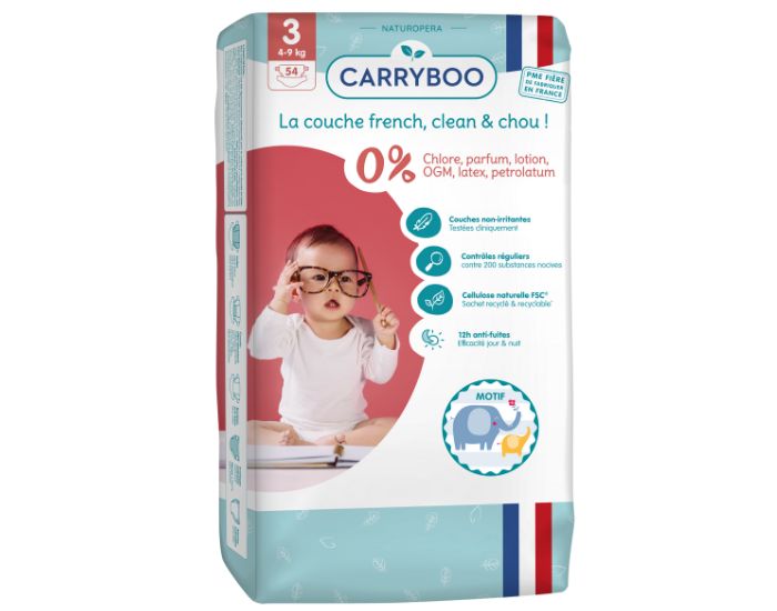 CARRYBOO Couches cologiques Non Irritantes - Pack Economique T3 / 4-9 kg / 54 couches (1)