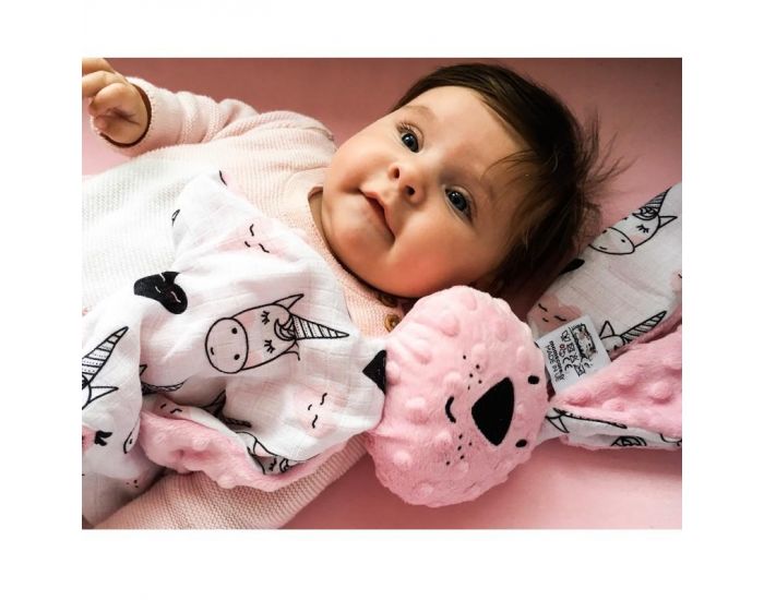 SEVIRA KIDS Doudou XXL en Mousseline de Bambou et Minky - Lapin Kic Kic - Rose (6)