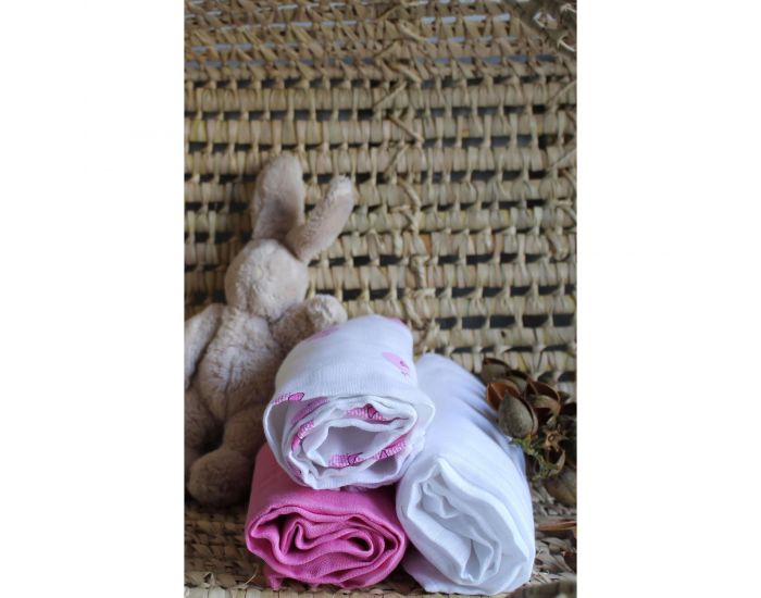 KADOLIS Lot de 3 Langes 100% Coton Bio Motifs Oiseaux Rose 60 x 60 cm (3)