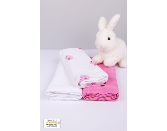 KADOLIS Lot de 3 Langes 100% Coton Bio Motifs Oiseaux Rose 60 x 60 cm (5)