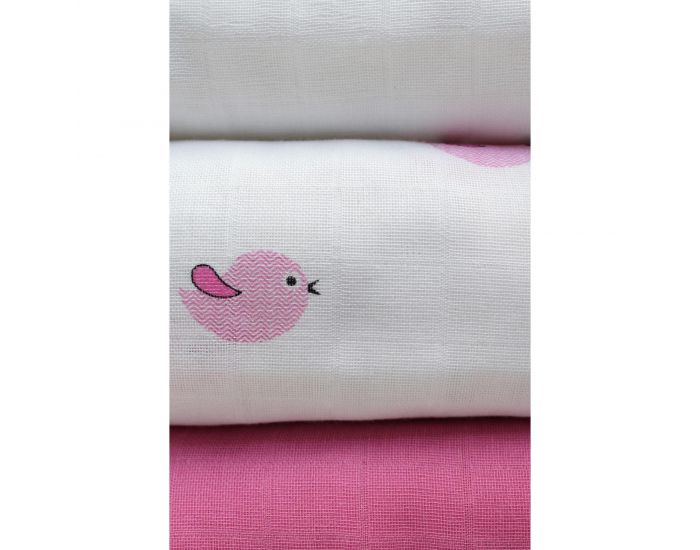KADOLIS Lot de 3 Langes 100% Coton Bio Motifs Oiseaux Rose 60 x 60 cm (1)