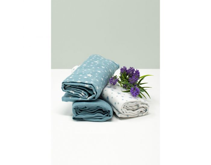 KADOLIS Lot de 3 Langes 100% Coton Bio Etoiles Bleu 60 x 60 cm (1)