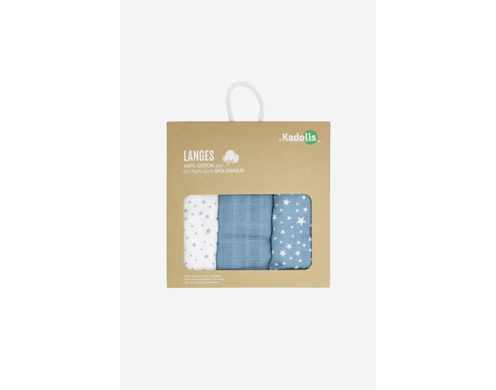 KADOLIS Lot de 3 Langes 100% Coton Bio Etoiles Bleu 60 x 60 cm (2)