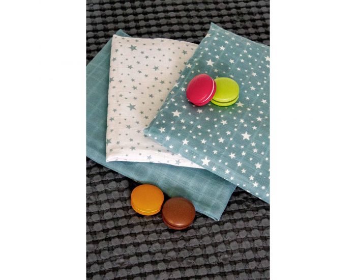 KADOLIS Lot de 3 Langes 100% Coton Bio Etoiles Bleu 60 x 60 cm (4)