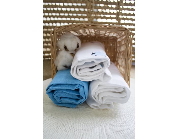 KADOLIS Lot de 3 Langes 100% Coton Bio motifs Moutons Bleu 60 x 60 cm (1)