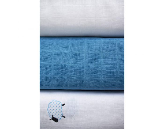 KADOLIS Lot de 3 Langes 100% Coton Bio motifs Moutons Bleu 60 x 60 cm (3)