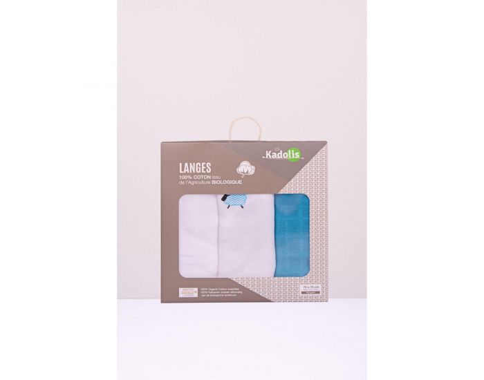 KADOLIS Lot de 3 Langes 100% Coton Bio motifs Moutons Bleu 60 x 60 cm (5)