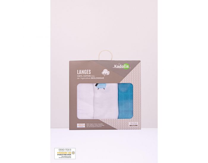 KADOLIS Lot de 3 Langes 100% Coton Bio motifs Moutons Bleu 60 x 60 cm (7)