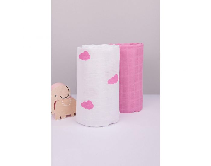 KADOLIS Lot de 2 Maxi Langes 100% Coton Bio imprims Nuages Rose 120 x 120 cm (4)