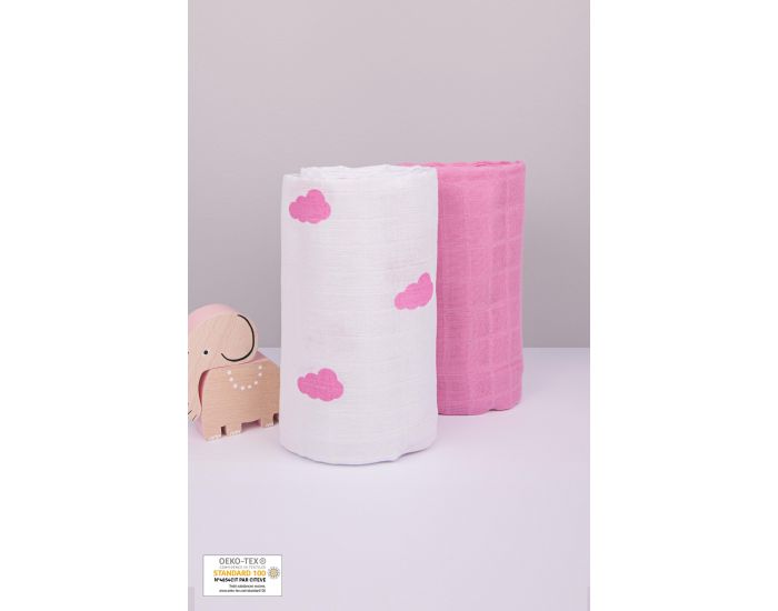KADOLIS Lot de 2 Maxi Langes 100% Coton Bio imprims Nuages Rose 120 x 120 cm (8)