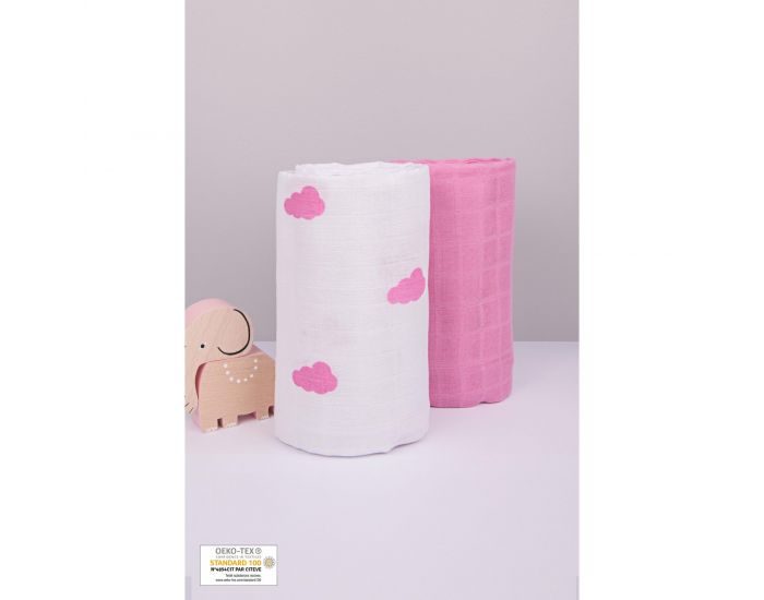 KADOLIS Lot de 2 Maxi Langes 100% Coton Bio imprims Nuages Rose 120 x 120 cm (6)