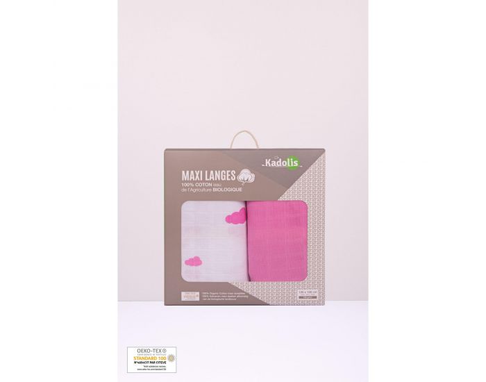 KADOLIS Lot de 2 Maxi Langes 100% Coton Bio imprims Nuages Rose 120 x 120 cm (7)
