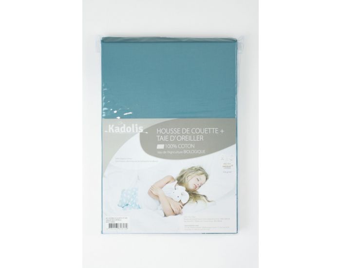 KADOLIS Housse de Couette Enfant Unie + Taie Coton Bio Bleu 140 x 200 cm (2)