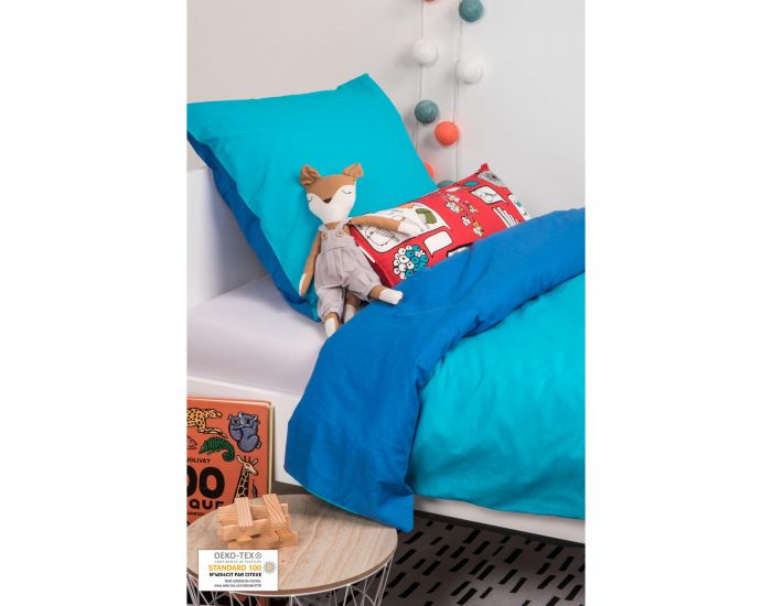 KADOLIS Housse de Couette Enfant en Coton Bio + Taie Bleue 140 x 200 cm (2)