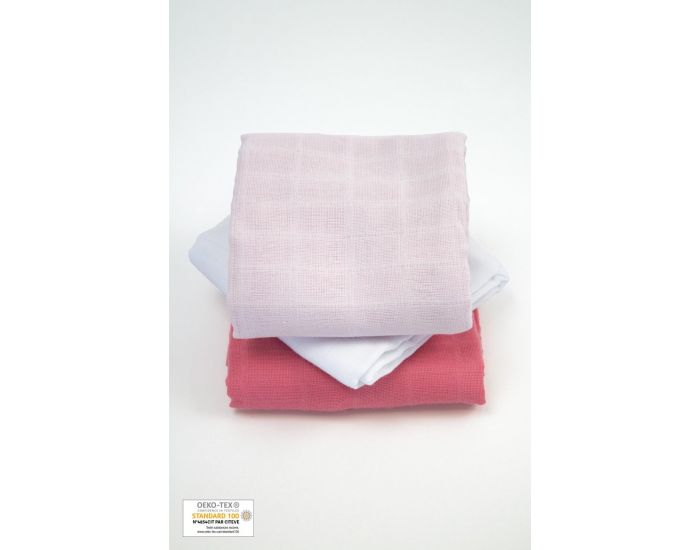 KADOLIS Lot de 3 Langes 100% Coton Bio Unis Rose corail  60 x 60 cm (5)