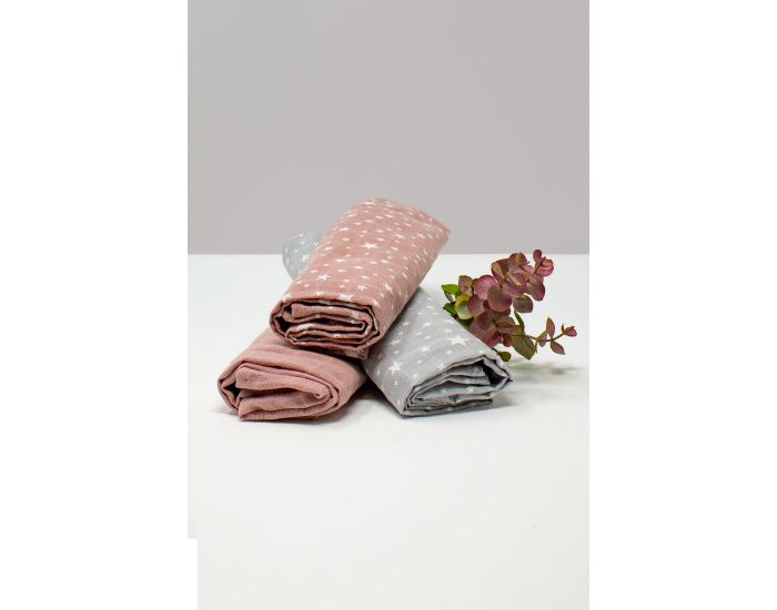 KADOLIS Lot de 3 Langes 100% Coton Bio Etoiles Rose poudr 60 x 60 cm (6)