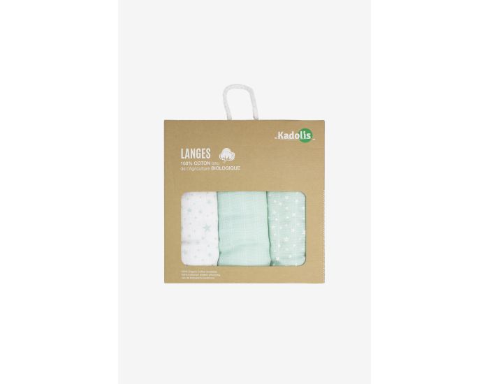 KADOLIS Lot de 3 Langes 100% Coton Bio - Etoiles Turquoise 60 x 60 cm (1)