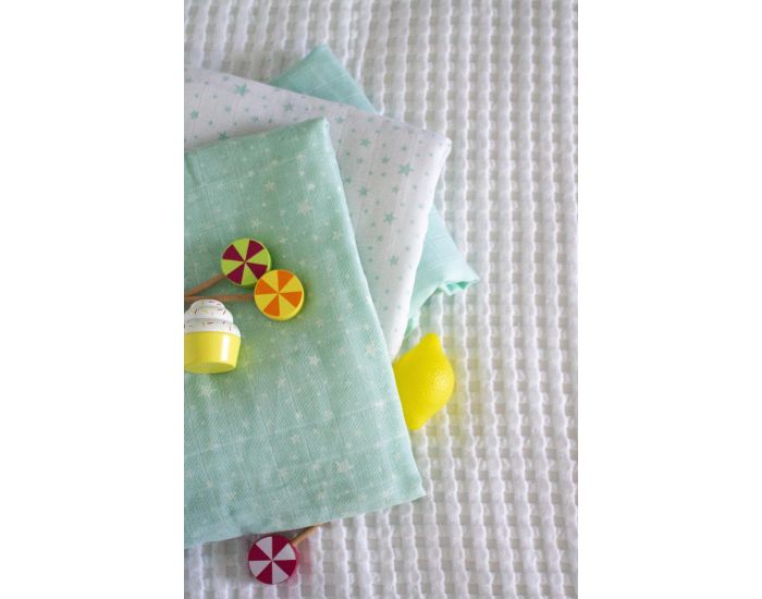 KADOLIS Lot de 3 Langes 100% Coton Bio - Etoiles Turquoise 60 x 60 cm (3)