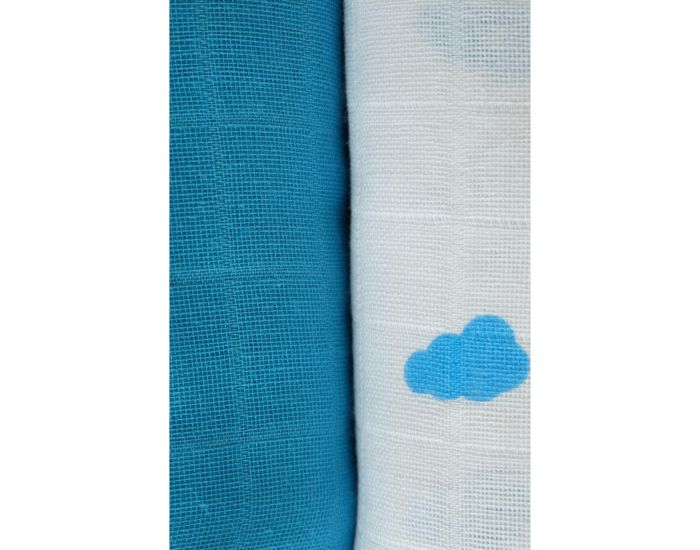 KADOLIS Lot de 2 Maxi Langes 100% Coton Bio Imprims Nuages Bleu - 120x120cm 120 x 120 cm (1)
