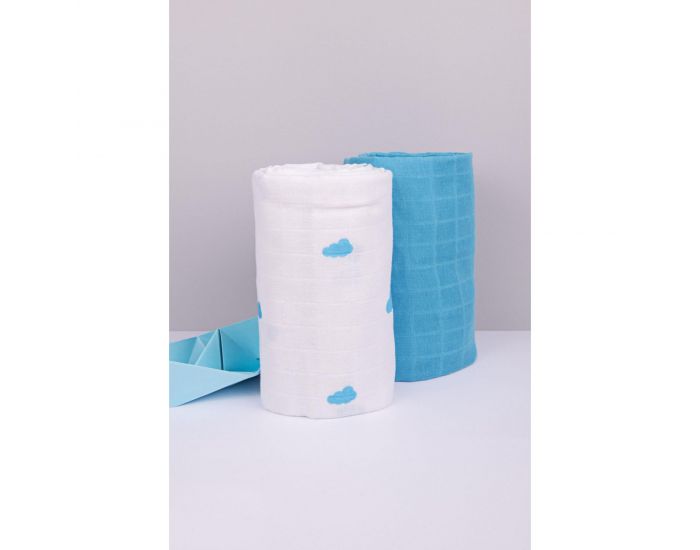 KADOLIS Lot de 2 Maxi Langes 100% Coton Bio Imprims Nuages Bleu - 120x120cm 120 x 120 cm (4)