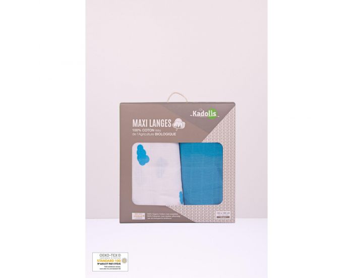 KADOLIS Lot de 2 Maxi Langes 100% Coton Bio Imprims Nuages Bleu - 120x120cm 120 x 120 cm (7)