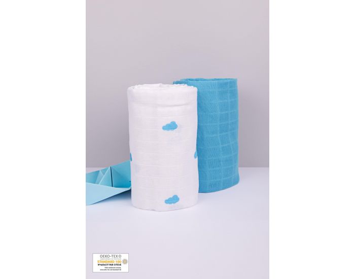 KADOLIS Lot de 2 Maxi Langes 100% Coton Bio Imprims Nuages Bleu - 120x120cm 120 x 120 cm (8)